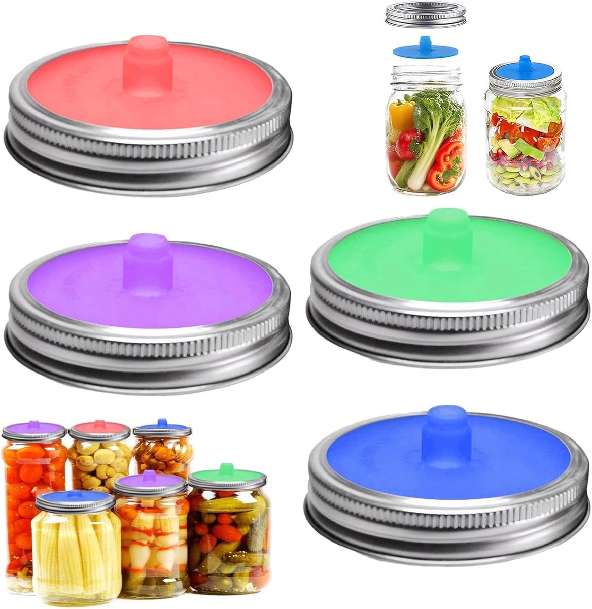 SnelShoppen - Set van 4 Silicone Lids voor Inmaakflessen 86mm, Herbruikbare Deksel voor Fermenteren van Sauerkraut, Kimchi, Groenten - Kleurenset Rood