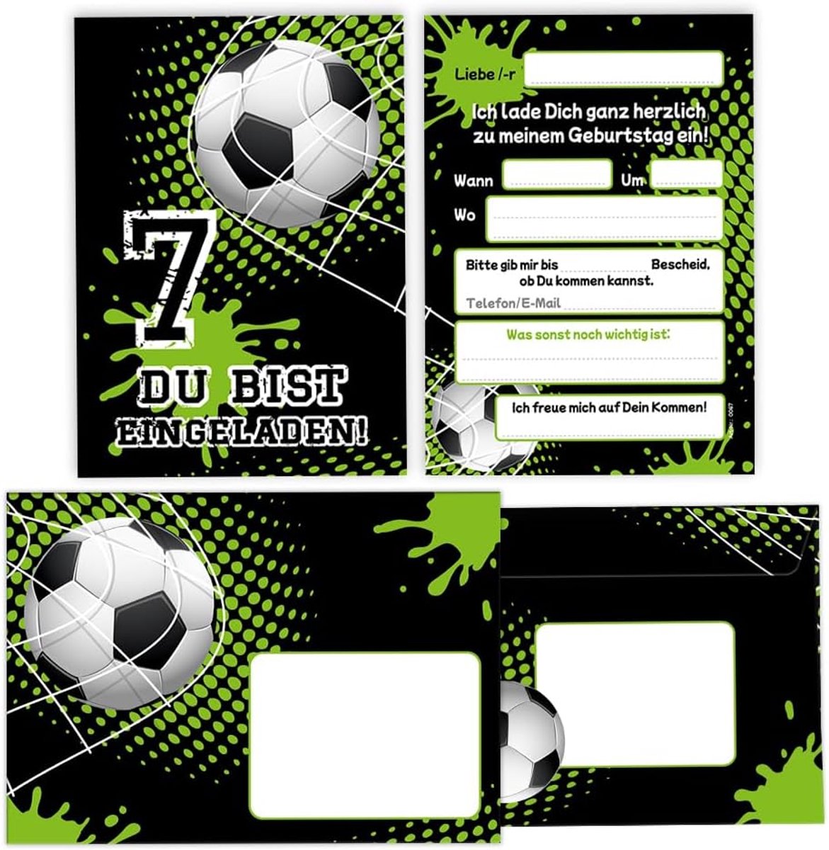 SnelShoppen - 12 Voetbal Uitnodigingen voor 7e Verjaardag - Inclusief 12 Enveloppen - Kinderen Feest - A6 Formaat - Hoge Kwaliteit - Moderne Ontwerpen