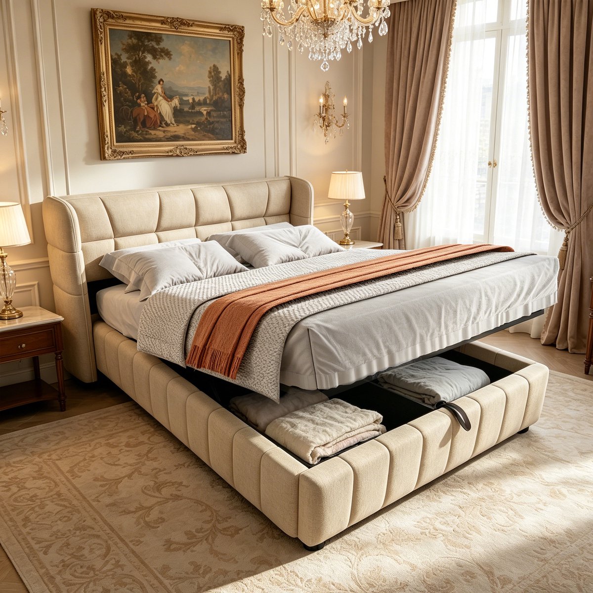 Gestoffeerd Bed 140x200 cm - Bed met Opbergruimte en Hefmechanisme - Zonder Matras - Met Hoofdbord en Lattenbodem - Stof - Beige