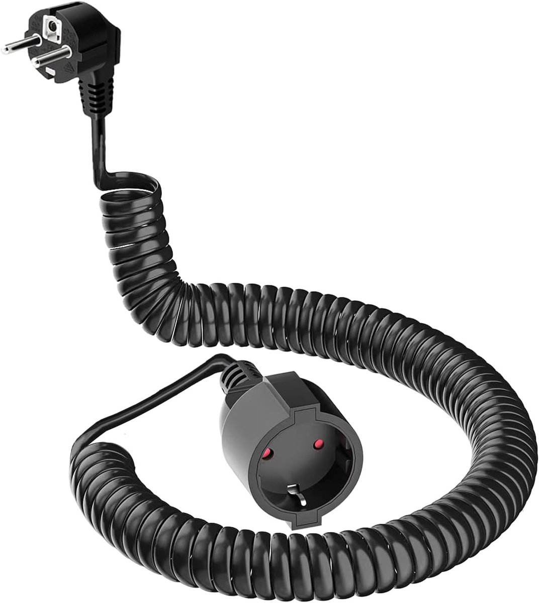 SnelShoppen - 3M Geaarde Spiralen Verlengsnoer met Geaarde Windingstekker en Coupling (230V/16A) PVC Kabel IP20 Zwart voor Thuis, Tuin en Camping