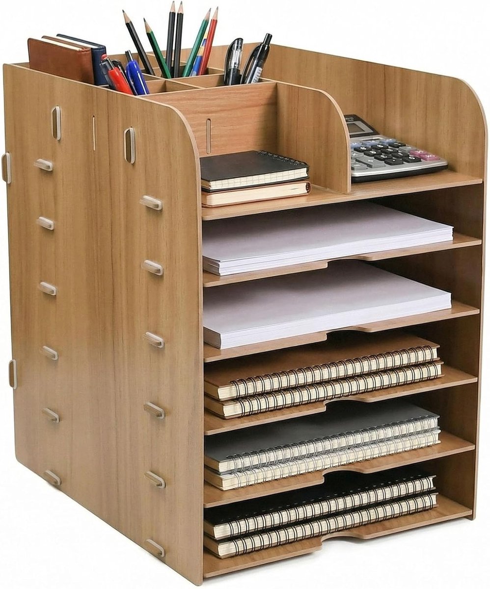 Bureau-organizer met 5 vakken van hout, penhouder en documentenhouder voor kantoor, thuis en school, A4-opslag en brievenbakje