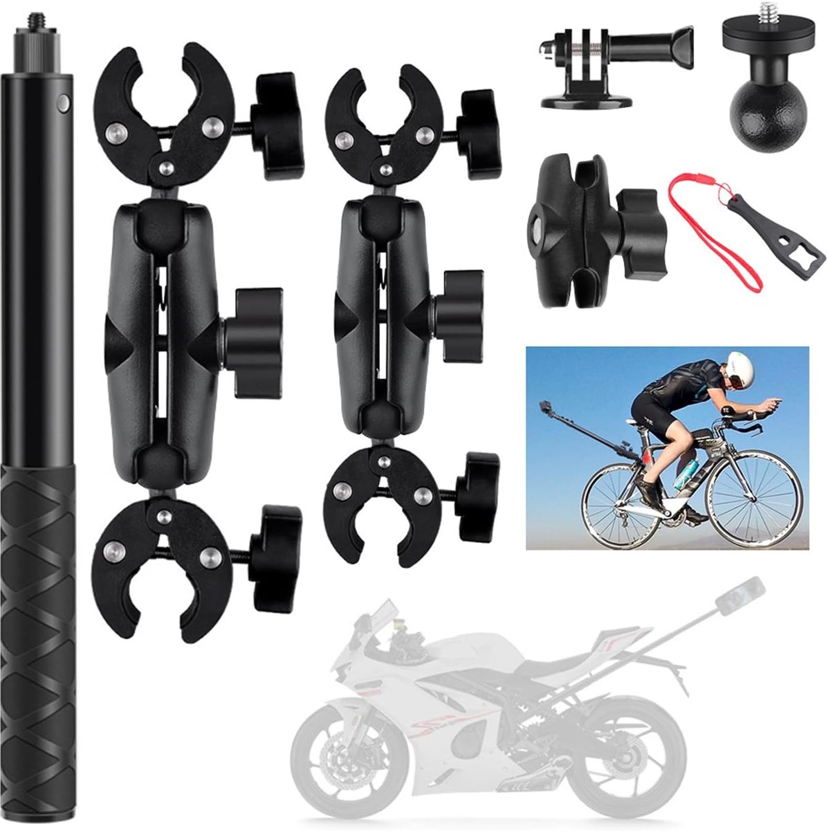 SnelShoppen - 360 Graden Camera Houder voor Insta 360 x4, x3, x2 - Aluminium Dual Clamp, Dubbele Stabiliteit, Geschikt voor Statief en Motorfiets