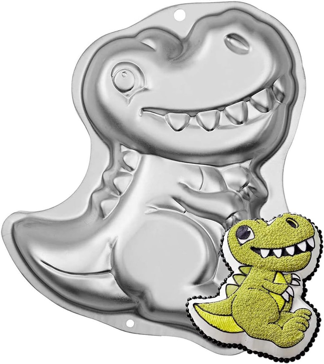 SnelShoppen - 3D Cake Mould Dinosaur Voor Kinderen, Aluminium Bakvorm, Feestelijke Dinosaur Cake Mould, 31x28x5 cm, Milieuvriendelijk, Silver, Perfect