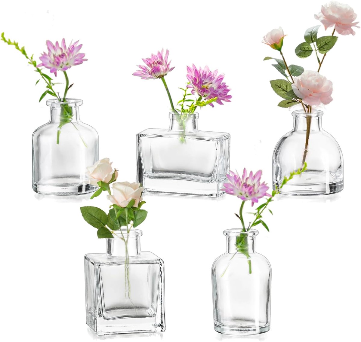 SnelShoppen - Mini Glazen Vazen voor Bloemen - 5 Stuks Assorted - 3cm x 6cm - Perfect voor Tafel Decoratie, Bruiloften en Woonkamer - Helder Glas