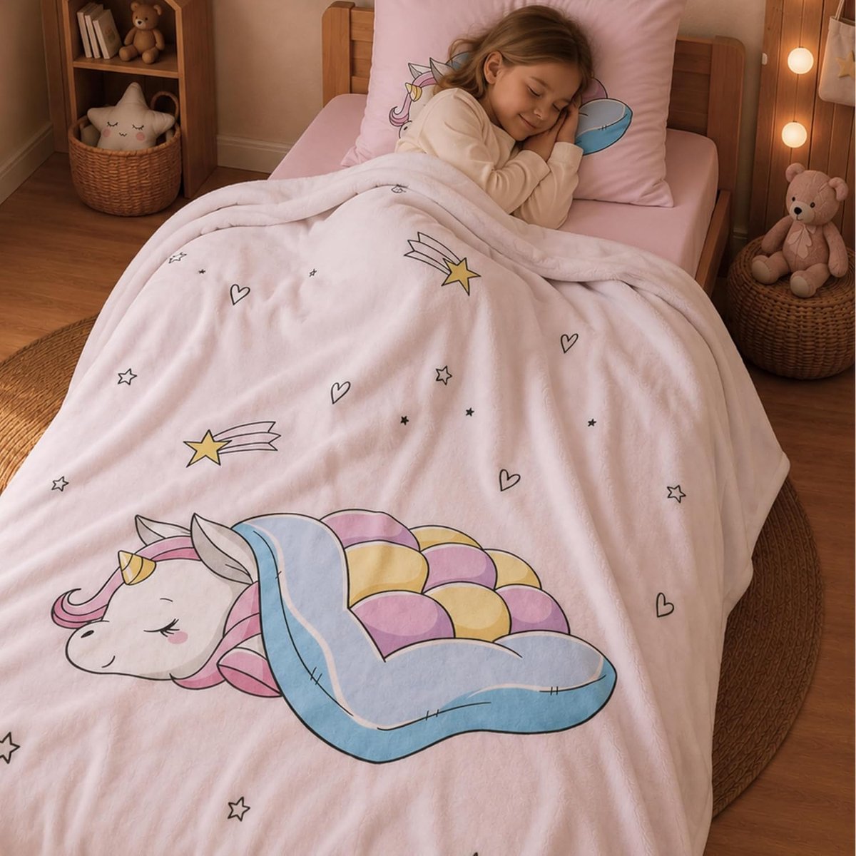 SnelShoppen - Fluffy Unicorn Dekbed 150 x 200 cm - Fleece Cuddle Blanket voor Kinderen, Meisjes en Tieners - Roze Regenboog Bedsprei voor Gezellige Uu