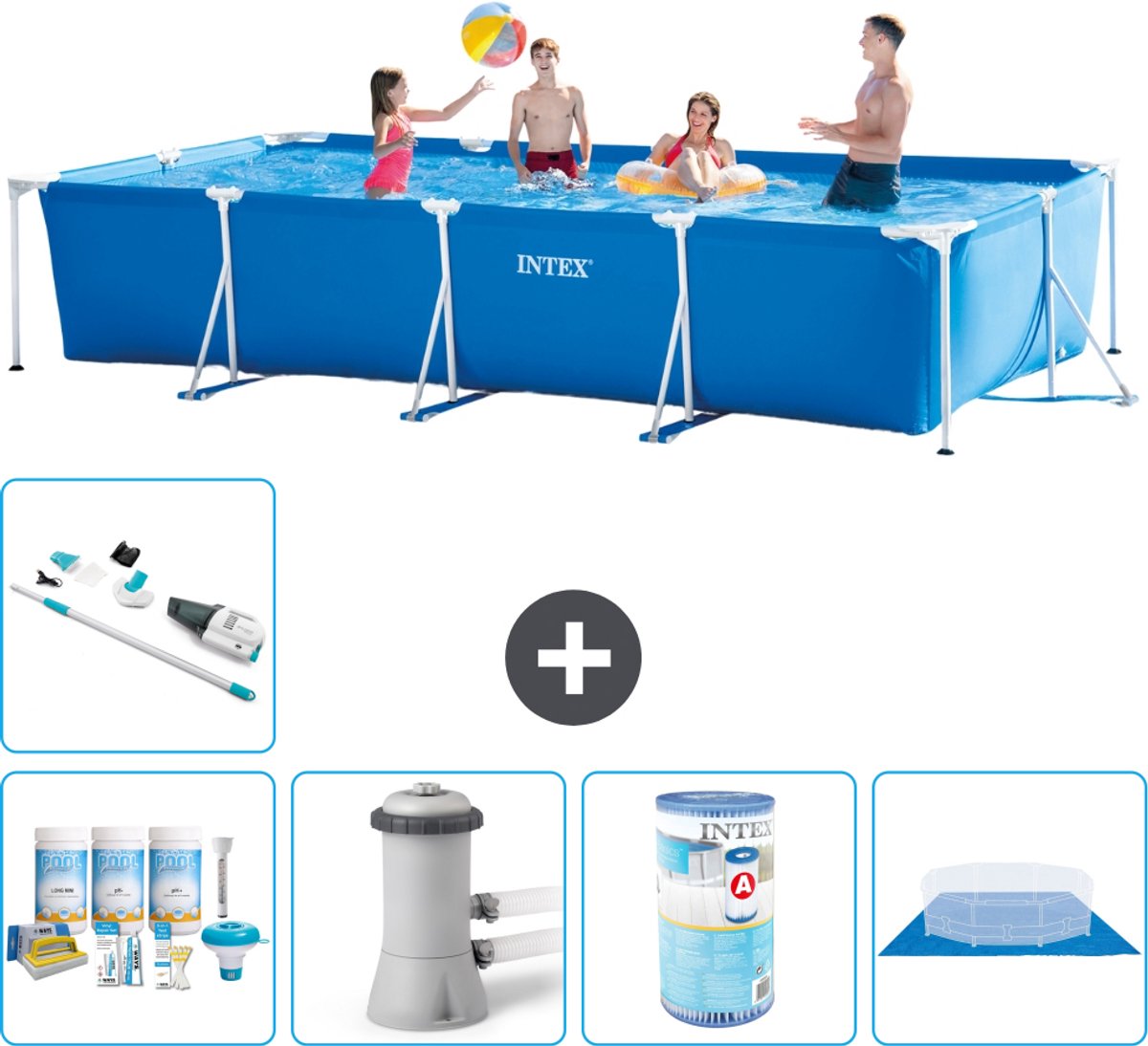Intex Rechthoekig Frame Zwembad - 450 x 220 x 84 cm - Blauw - Inclusief Onderhoudspakket - Zwembadfilterpomp - Filter - Grondzeil - Stofzuiger - 6-delig