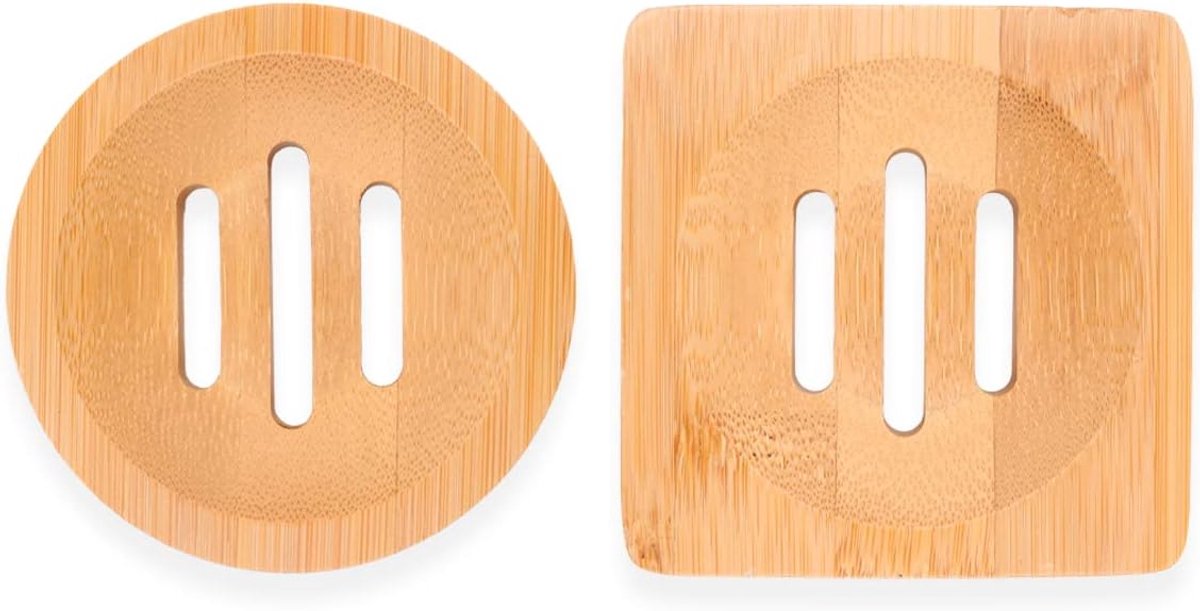 SnelShoppen - 2Pcs Handgemaakte Natuurlijke Houten Zeepdispenser - Vierkante en Ronde Zeep Dish - Badkamer Accessoires - Duurzaam Bamboe - Ideaal voor