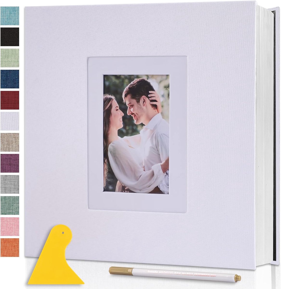 SnelShoppen - Groot Zelfklevend Fotoalbum 33x32 cm DIY Scrapbook | 40 Pagina’s Wit | Magnetisch Plakboekalbum met Fotovenster Linnen Omslag voor Baby