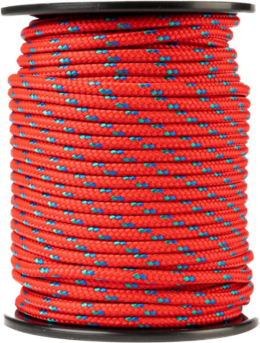 SnelShoppen - Polypropyleen touw 6mm, 50M, rood met blauw en groen - Lichtgewicht gevlochten touw voor buiten, survival, camping en tuin - Niet voor k