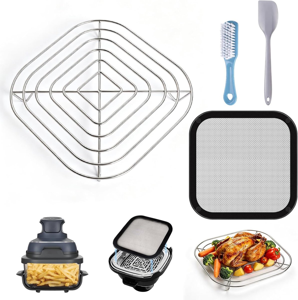 SnelShoppen - Airfryer-accessoires voor spatbescherming, magnetisch roestvrij staal, 2-delige set met fijnmazig net en grillrooster voor Ninja CRISPi