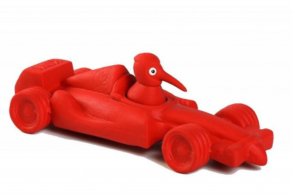 Kiwi walker - dogcigar - dogtoy - hondenspeeltje -sportcar met kiwi - geel - met pieper - soft on gums en teeth -latex - 19 x 8 cm -actie reactie -
