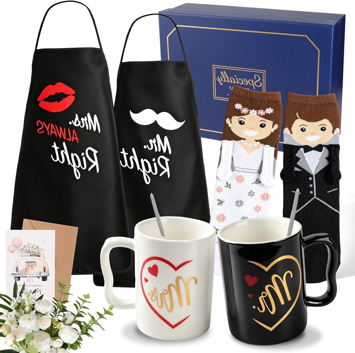 Compleet trouwcadeau set voor het bruidspaar, 11-delige Mr en Mrs geschenken inclusief mokken, lepels, schorten, sokken en een wenskaart voor een onvergetelijke huwelijksverjaardag