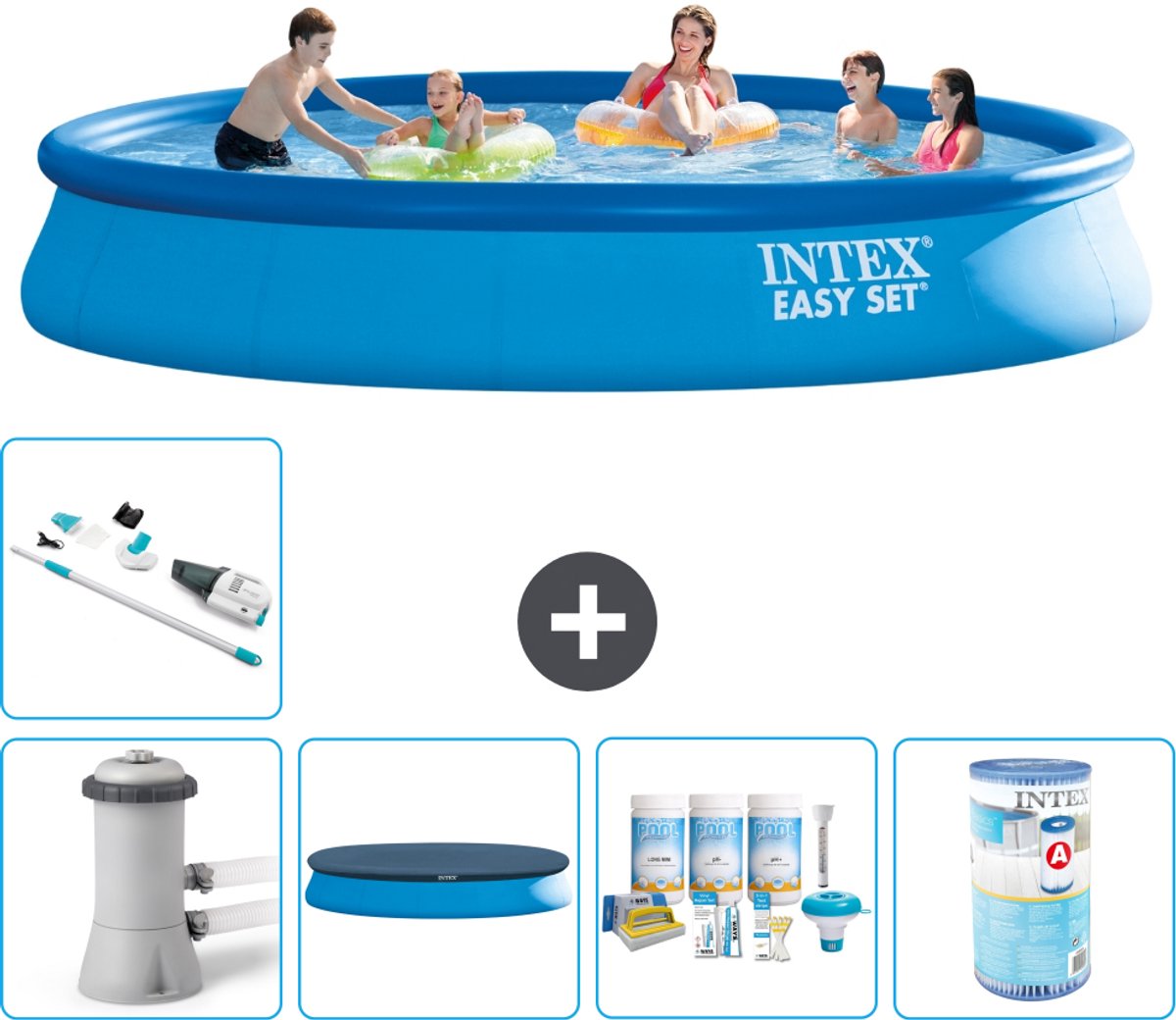 Intex Rond Opblaasbaar Easy Set Zwembad - 457 x 84 cm - Blauw - Inclusief Pomp - Afdekzeil - Onderhoudspakket - Filter - Stofzuiger - 6-delig