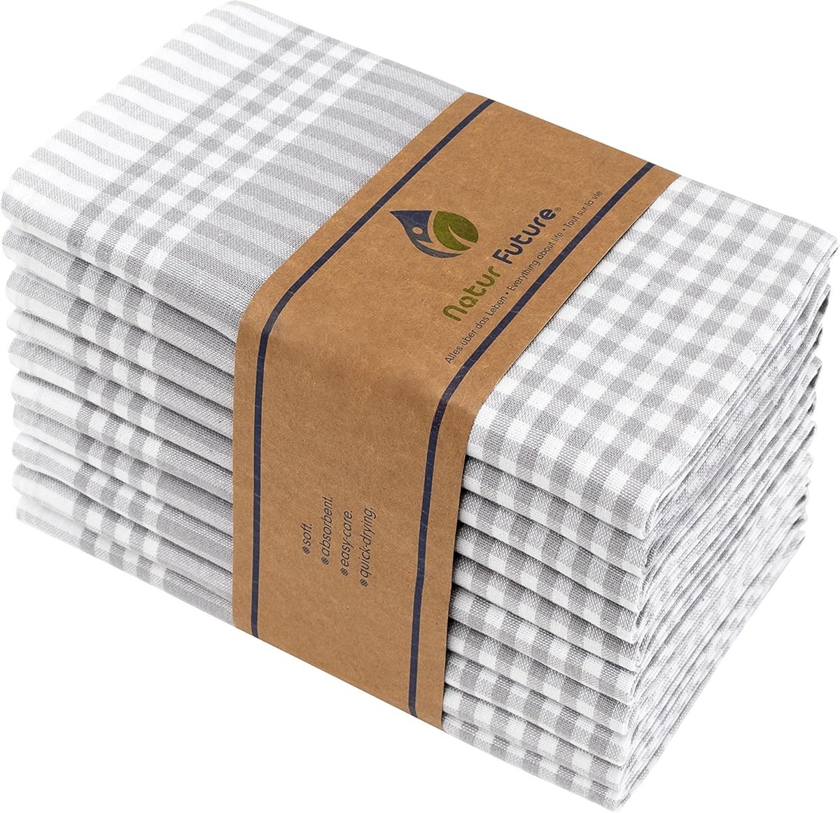 SnelShoppen - Set van 10 Grijze Katoenen Theedoeken 45 x 65 cm met Hanglus - Vintage Look Gecheckte Keuken Doeken - Multifunctionele Schoonmaakdoeken