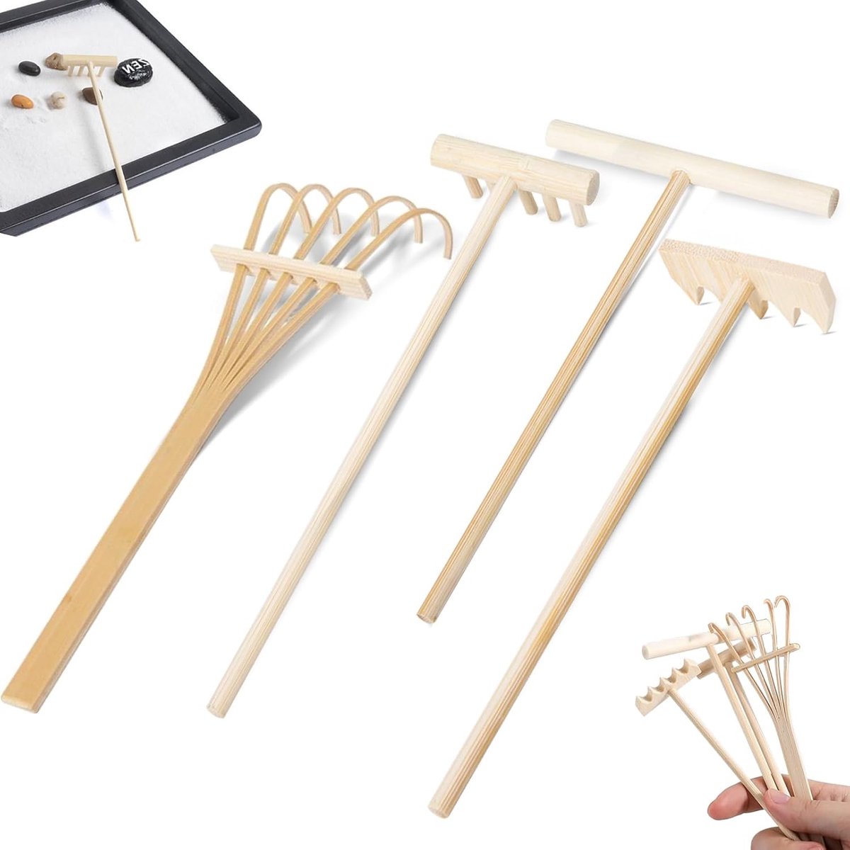SnelShoppen - 4-delige Mini Zen Tuin Accessoires Set - Houten Zen Rake Tools voor Meditatie, Decoratie, Kantoor en Thuis - Inclusief Bending Tooth, Vi