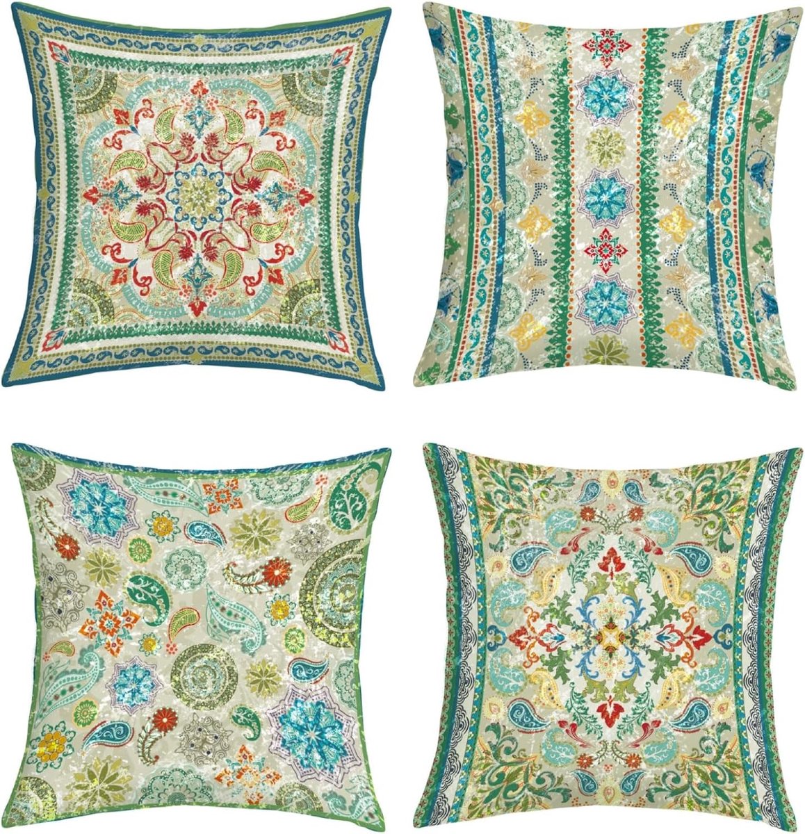 SnelShoppen - Set van 4 Boho Groene Mandala Bloemen Kussenhoezen 45x45 cm Vintage Paisley Decoratieve Kussens voor Sofa Slaapkamer Woonkamer