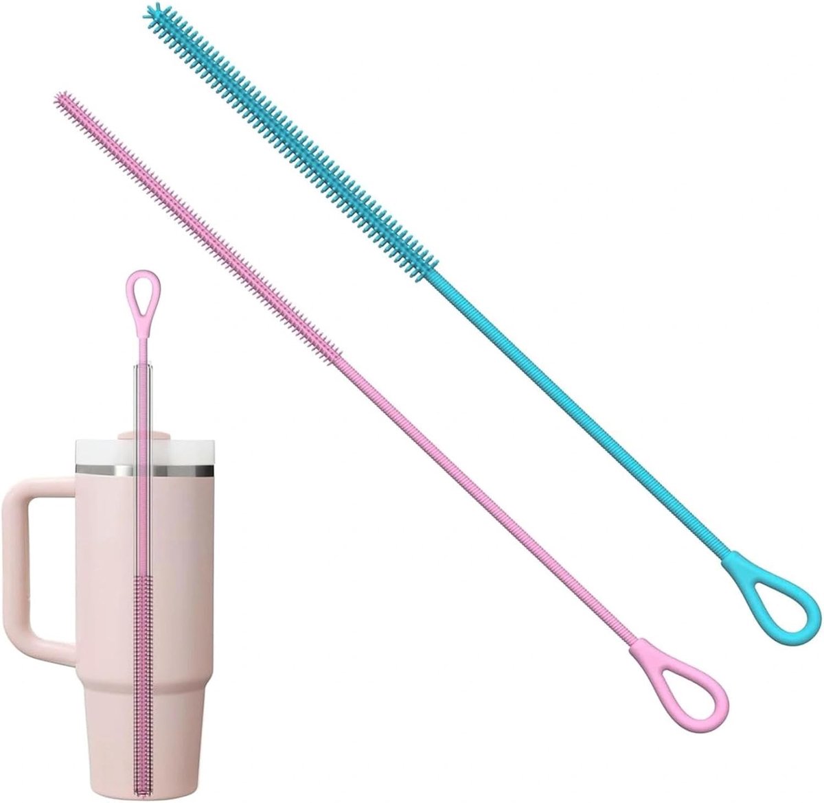 SnelShoppen - Pack van 2 Silicone Rietjes Borstels, Buigbare Herbruikbare Rietjesborstels met Antislip Handvat voor Smalle Flessen, Babyflessen, RVS e