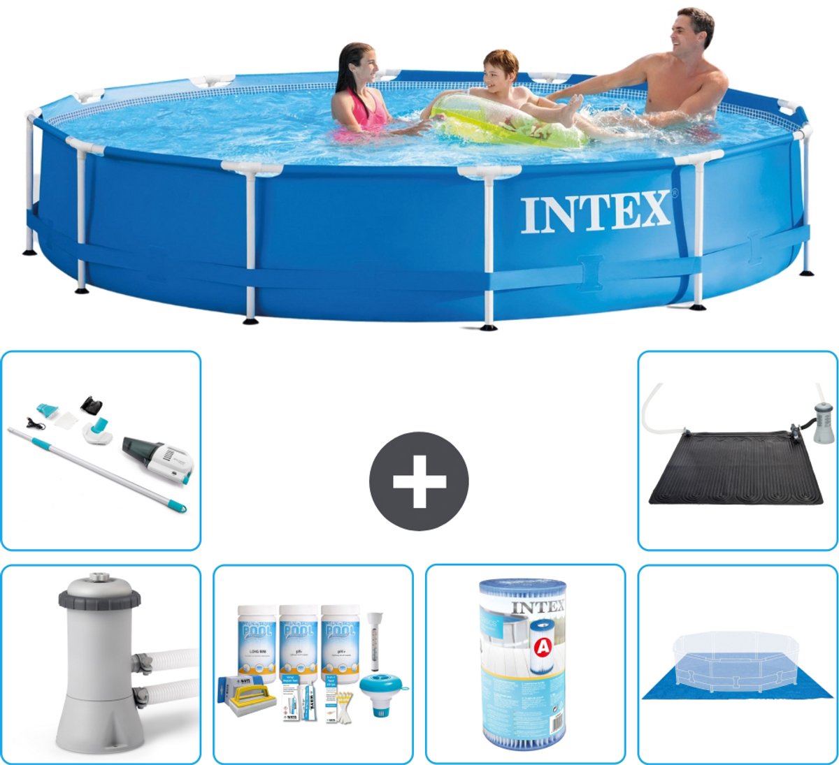 Intex Rond Frame Zwembad - 366 x 76 cm - Blauw - Inclusief Pomp - Onderhoudspakket - Filter - Grondzeil - Stofzuiger - Solar Mat - 7-delig
