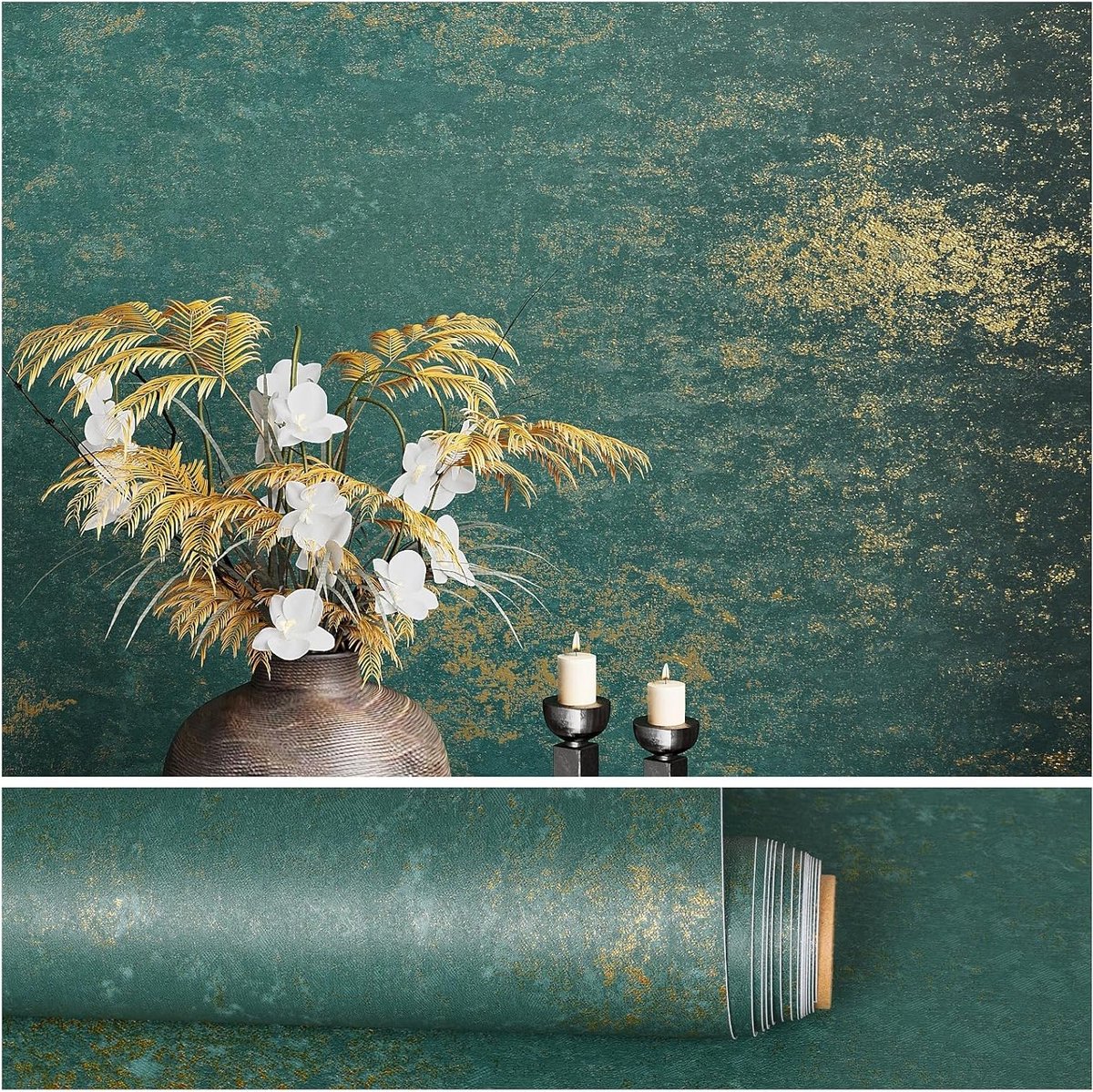 Distressed Behang met Betonlook in Groen en Goud - Zelfklevend Grasweefsel Behang voor Slaapkamer en Woonkamer - 40 cm × 300 cm Decoratie