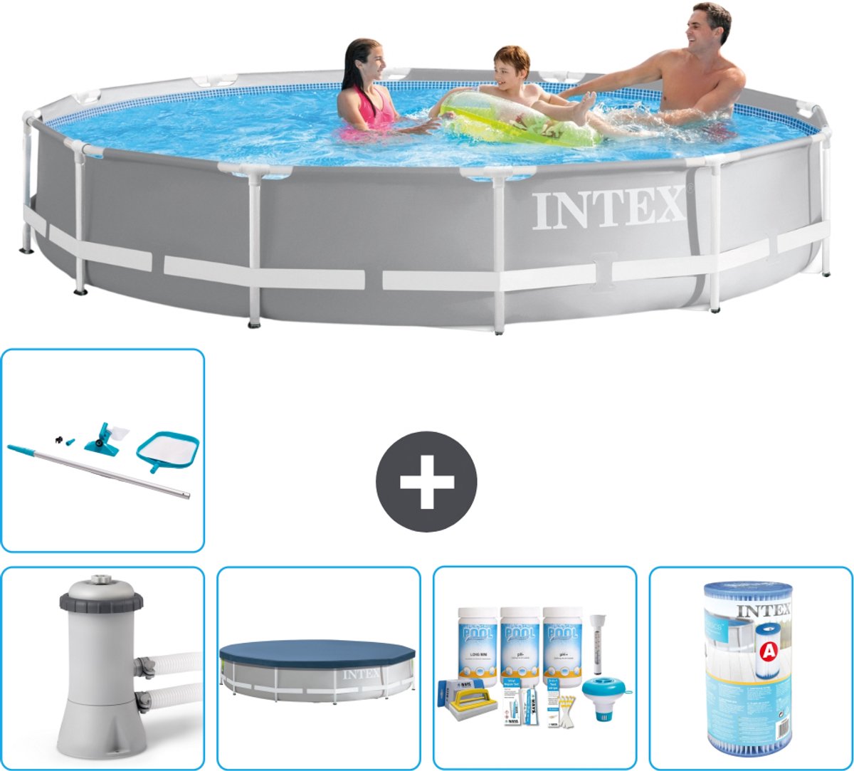 Intex Rond Prism Frame Zwembad - 366 x 76 cm - Grijs - Inclusief Pomp - Afdekzeil - Onderhoudspakket - Filter - Schoonmaakset - 6-delig