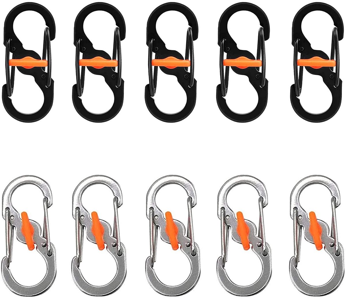 Dailygoods- Karabijnhaak S-vormig - 10 Stuks - Roestvrij Staal - Lichtgewicht - Waterdicht - Anti-diefstal - Glanzend met Oranje Gesp - Haak
