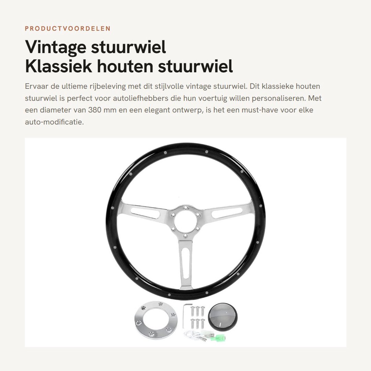 Dailygoods- Stuurwiel 380 mm - Houten Grip - Roestvrijstalen Spaken - Comfortabele Grip - Universeel - Duurzame Constructie - Houten Stuur