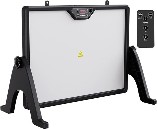 Witte verwarmingsplaat met zwart frame, digitale display en afstandsbediening.