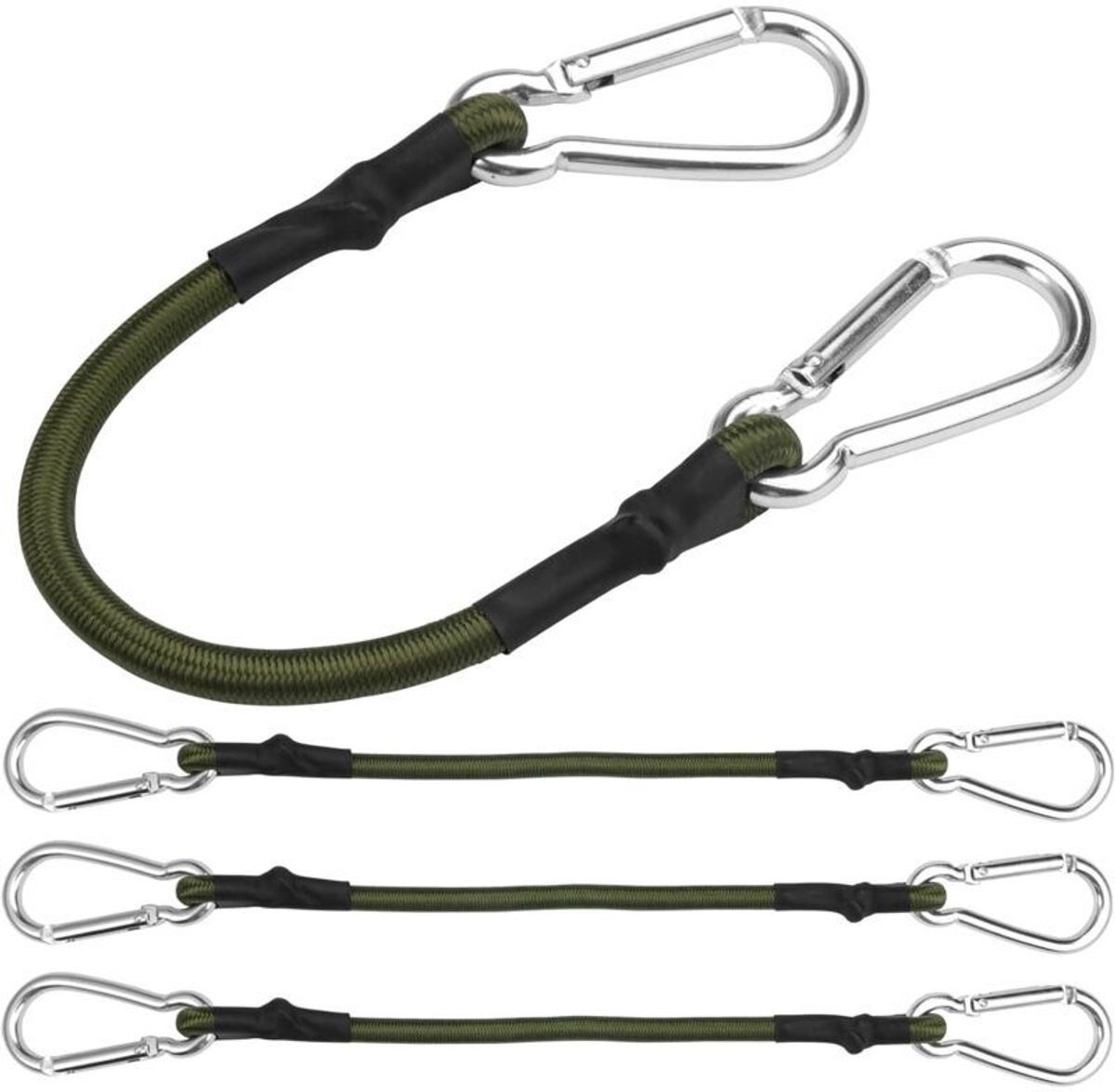 YAGXIG 4-pack van 30 cm korte elastische koordhaken - Robuuste karabijnhaken - Elastische koordbanden - Geschikt voor vracht/bagage/staarten/tenten (militair groen)