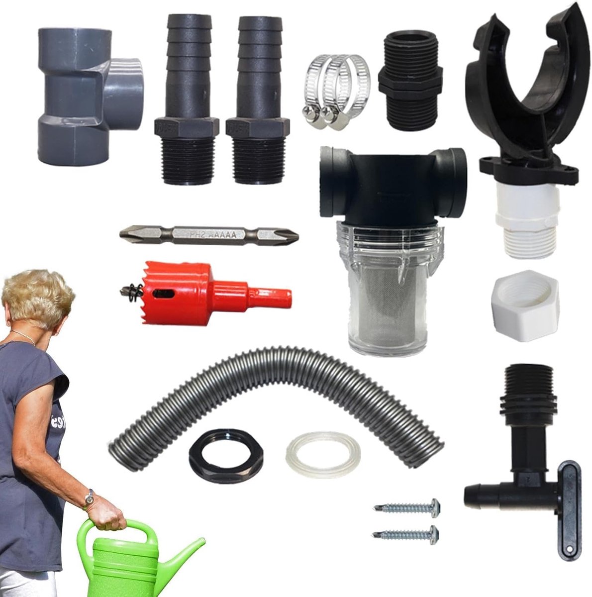 Regenwateropvangsysteem - Regenton kit - Tuin water geven - Efficiënte recycling - 100-110mm pijp - Zwart