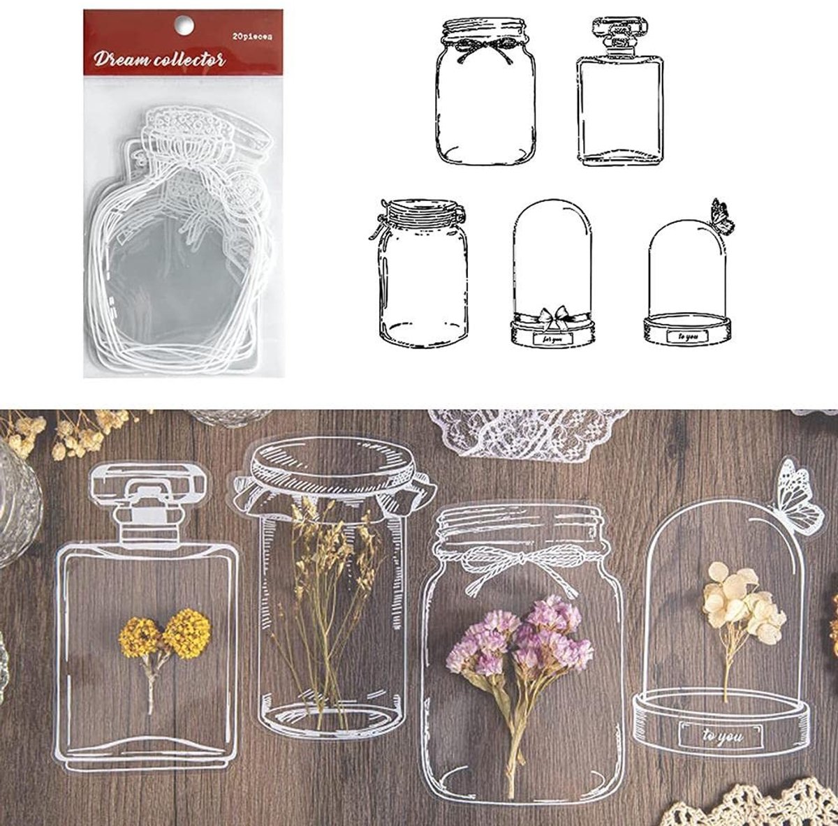 Dailygoods- Bladwijzer 20 stuks - Transparant - Gedroogde bloemen - DIY - Zelfklevend - Natuurlijke kleuren - Bookmark