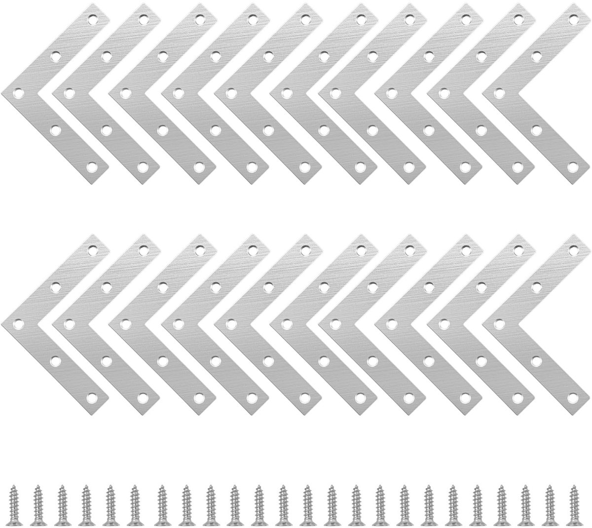 Dailygoods - 20 stuks platte hoekplaat L-vorm, platte beugels voor hout, roestvrijstalen hoekbeugels met 100 schroeven voor het bevestigen en repareren van meubels, tafels, ramen en kasten (80 mm x 80 mm)