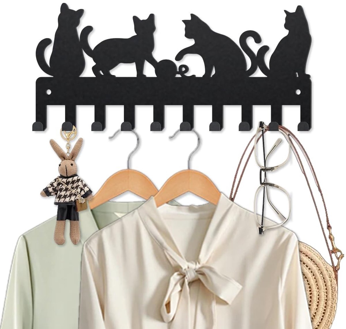 Dailygoods- Wandhaken Metalen - 10 Haken - Wandsleutelhanger - Kattenpatroon - Decoratief - Praktisch Ontwerp - Kapstok