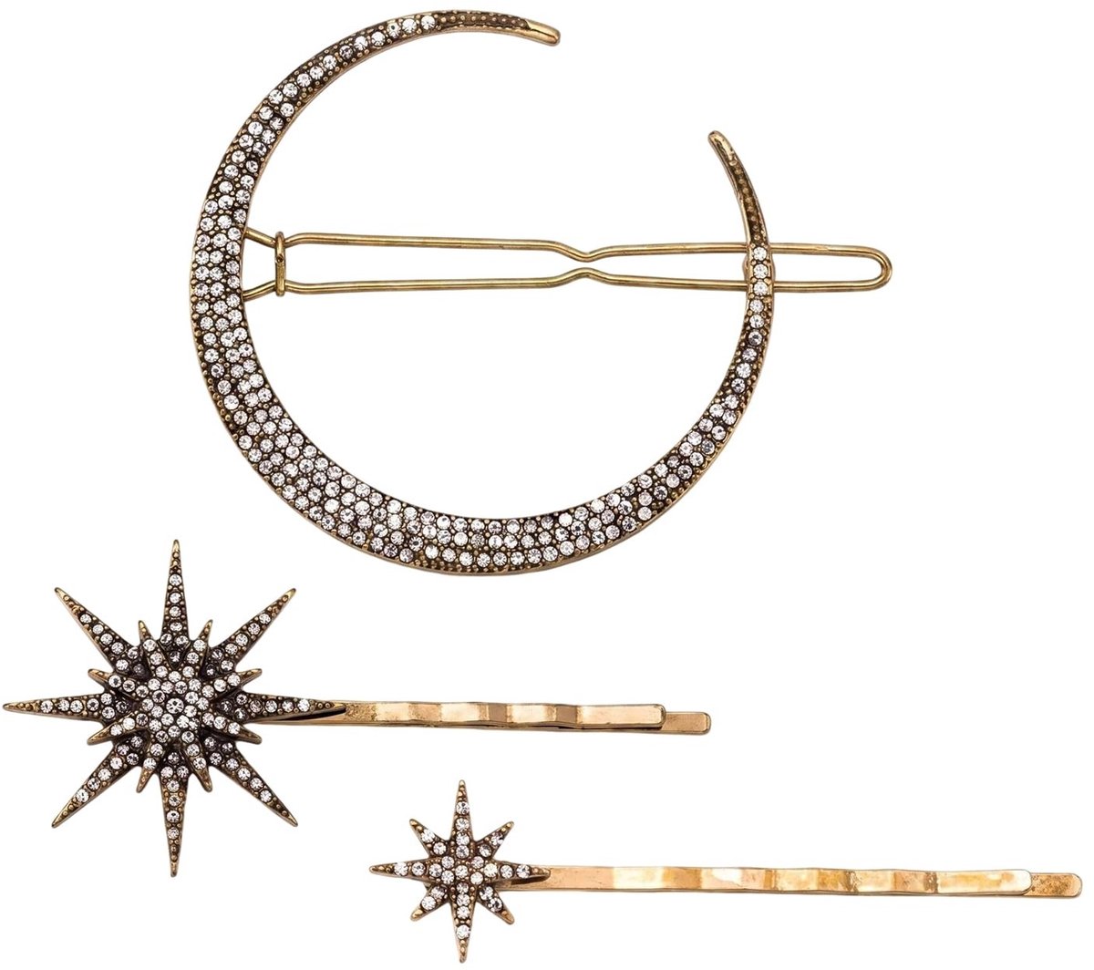 Dailygoods- Haarspeldjes Gouden Maan/Ster Vorm - 3 Stuks - Zinklegering/Strass - Duurzaam/Veilig - Decoratie voor Kappers - Elegant Uiterlijk - Haarklemmen