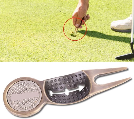 Golf Pitchfork - Reparatie Vork - Baan Onderhoud - 3-in-1 Ontwerp - 9 x 3 cm - Goud van GOLF — afbeelding 4