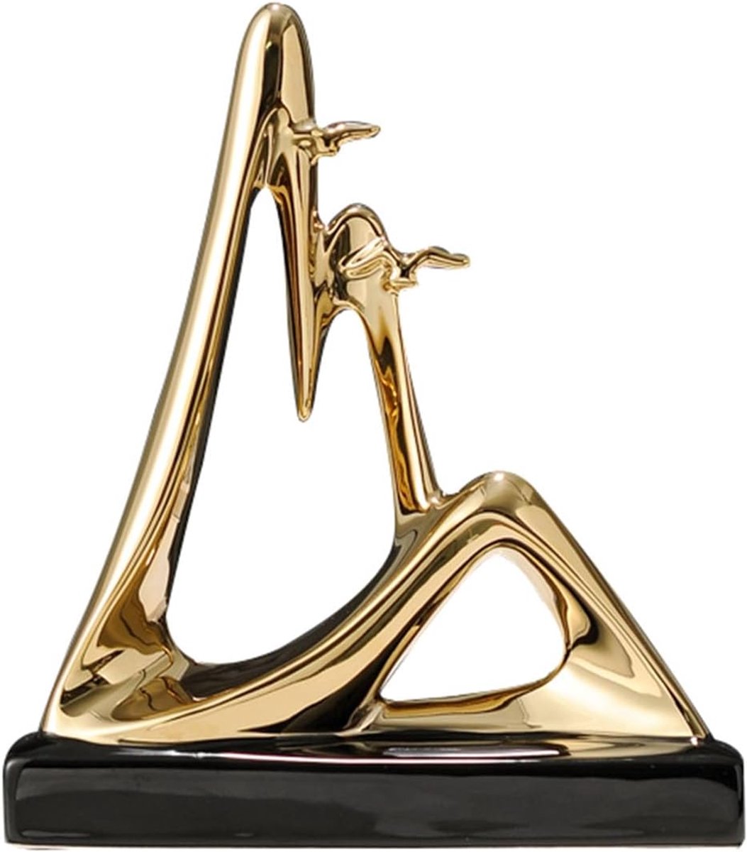 Decoratieve Beeldjes - Abstracte Sculptuur - Woonkamer Decoratie - Hoogwaardig Keramiek - Groot 27 cm - Goud Zilver