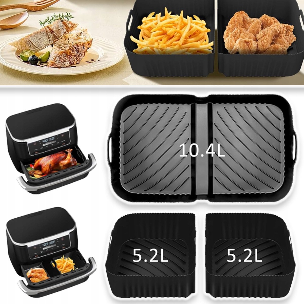 Set Siliconen Inzetstukken Voor Airfryer - Compatibel Met Cosori 10L & Ninja Foodi Flexdrawer 10.4L - Voedselveilig, Vaatwasmachinebestendig - 3-Delige Set Voor Verschillende Gerechten