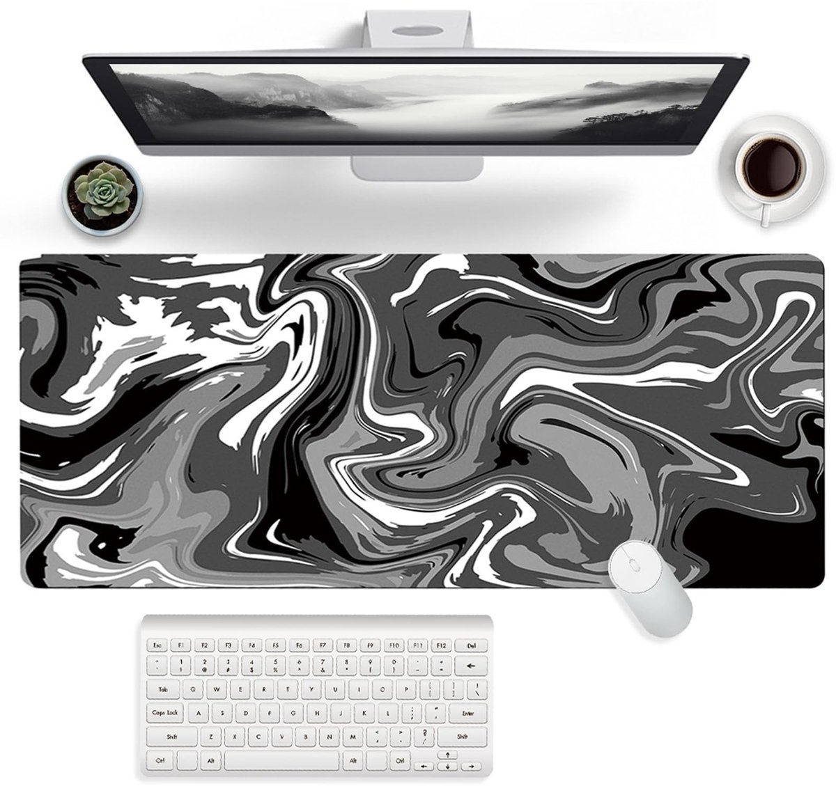 Dailygoods - XL gaming muismat, 900 x 400 mm, zwart+wit, rubber, groot, antislip, waterdicht, vlekbestendig, geschikt voor pc, MacBook, laptop
