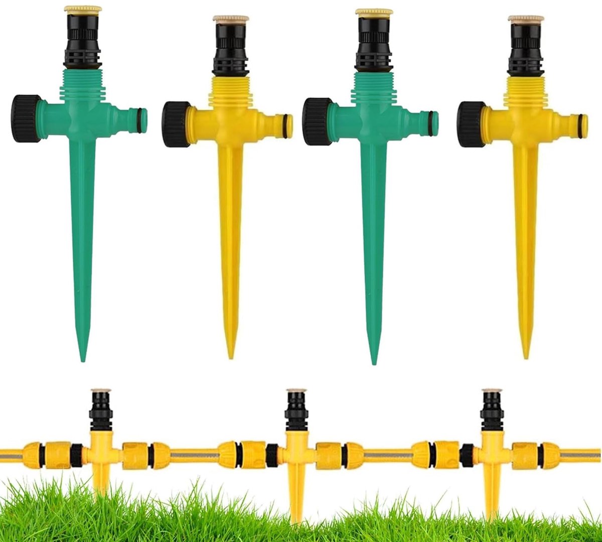 Dailygoods- Gazonsproeier 360° draaibaar - Tuinsproeier - Spike - Tuinirrigatie - 4 stuks - Geschikt voor 1/2 en 1/4 irrigatieslangen