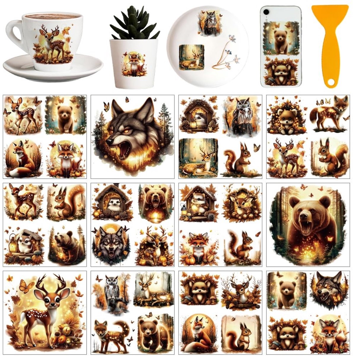 Dailygoods- Transferstickers Gouden Bosdieren - 12 Vellen - Wrijven op Stickers - Doe-het-zelf Decoratie - Ambachten - Meubels Decoreren - Wanddecoratie