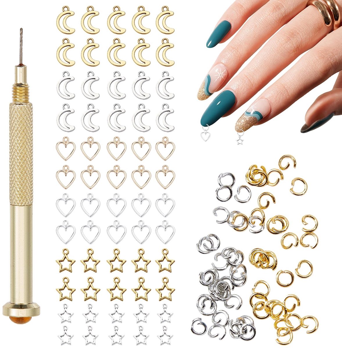 Dailygoods- Nailarthangers 121 Stuks - Nagelsieradenringen - Nagelpiercing Gereedschap - Handboor - Hangers in Zilver/Goud - Duurzaam Materiaal - Nagelsieraden