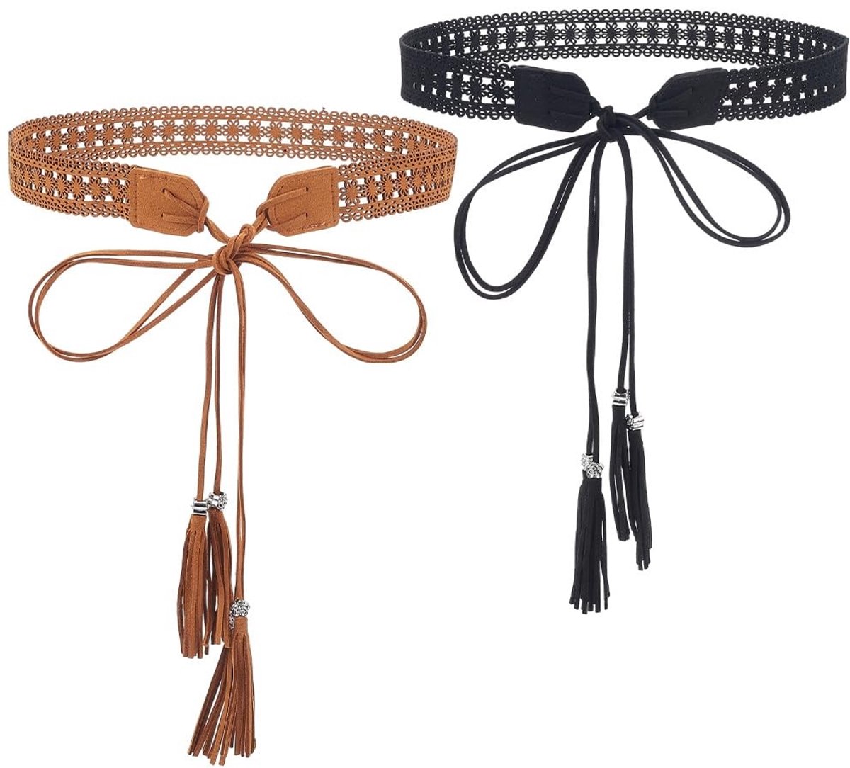 Dailygoods - Gevlochten Boheemse riem van PU-leer, 2 cm, 169 x 2,9 cm, kleur met kwastjes, 2 stuks, vintage opengewerkte en geknoopte riemen met koord en verstelbare macramériem in westerse stijl
