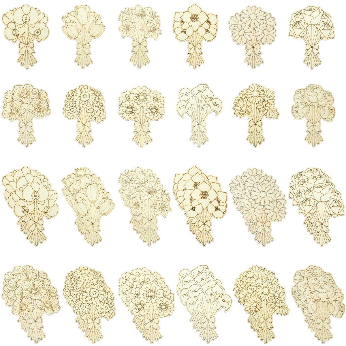 Dailygoods- Houten Uitsparingen 24 Stuks - 12 Stijlen Bloemvormen - Tulpen/Madeliefje/Camelia/Roos - Onafgewerkt Hout - Perfect voor Kunstprojecten - Ideaal voor Gedetailleerd Werk - Houten Bloemen