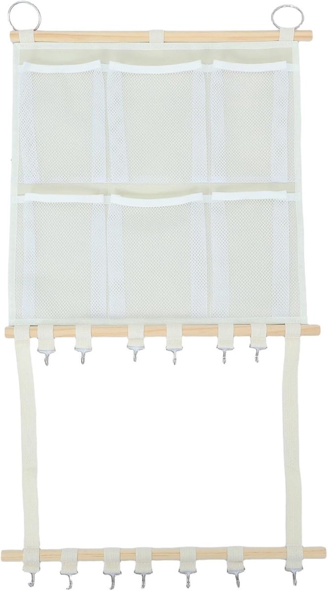 Opbergtas Knuffels - Speelgoedhouder Gaas - Babykamer Organiseren - 6 Ruime Vakken - 81 x 42 cm - Wit
