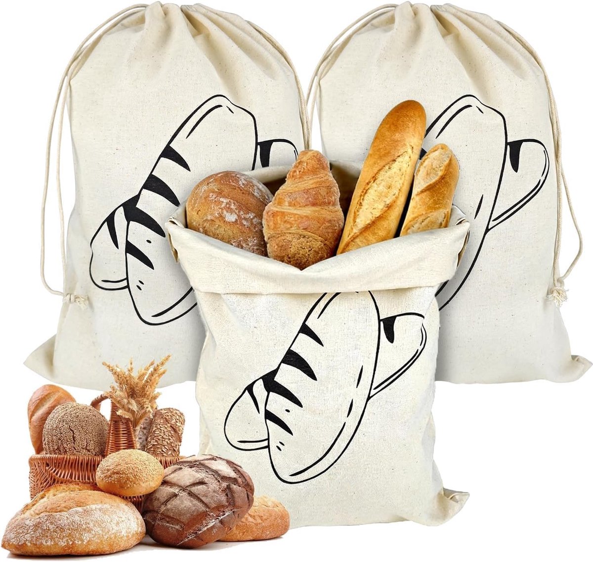 carmdering - 3 linnen broodzakken - voor zelfgebakken brood - 30 x 40 cm - herbruikbaar - voor ambachtelijke baguettes
