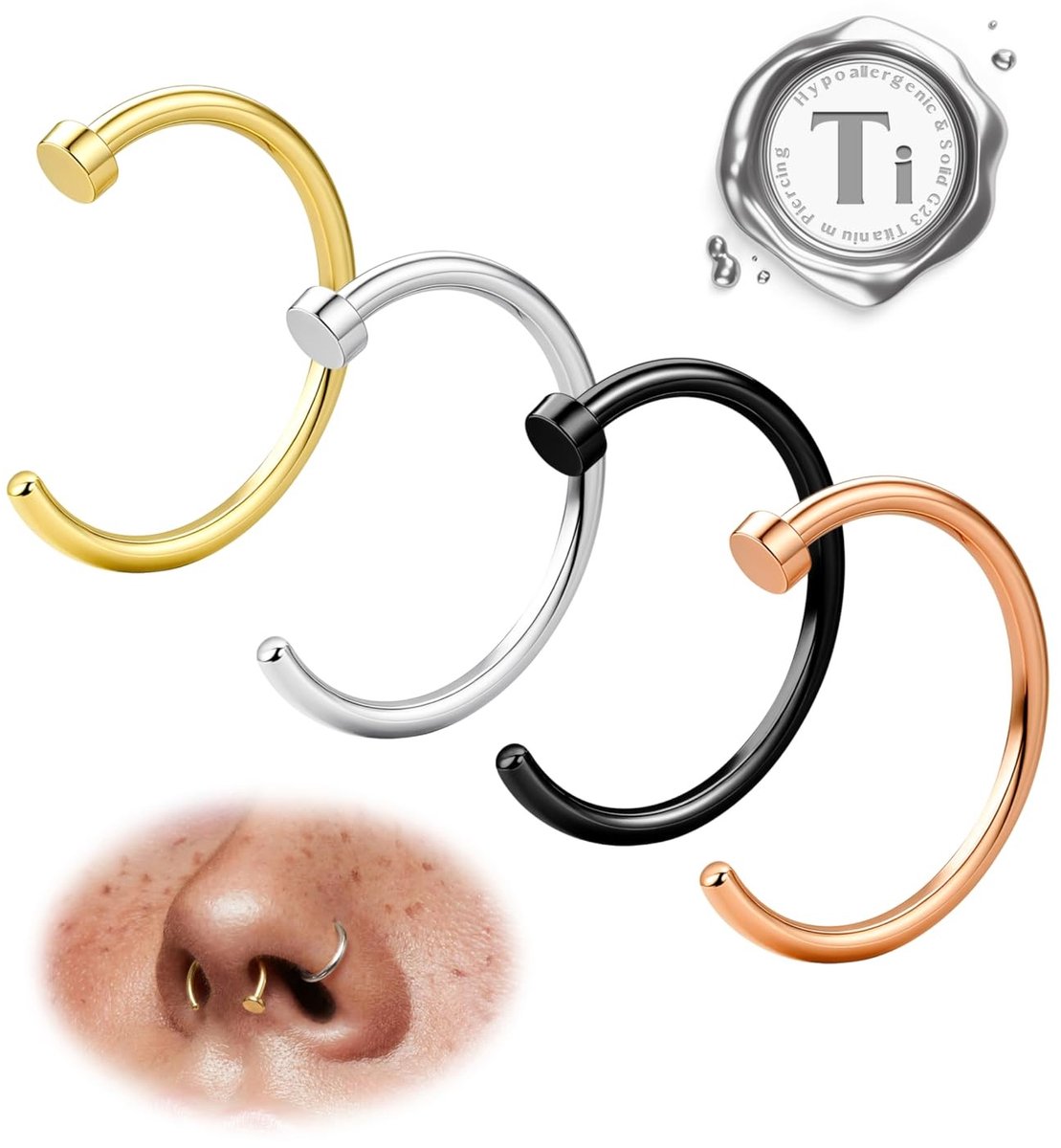 Dailygoods- Neppiercing Hypoallergeen - Neusring - Septum - Hoepelset - 4 Banden - G23 Titanium - Lichtgewicht en Roestvrij