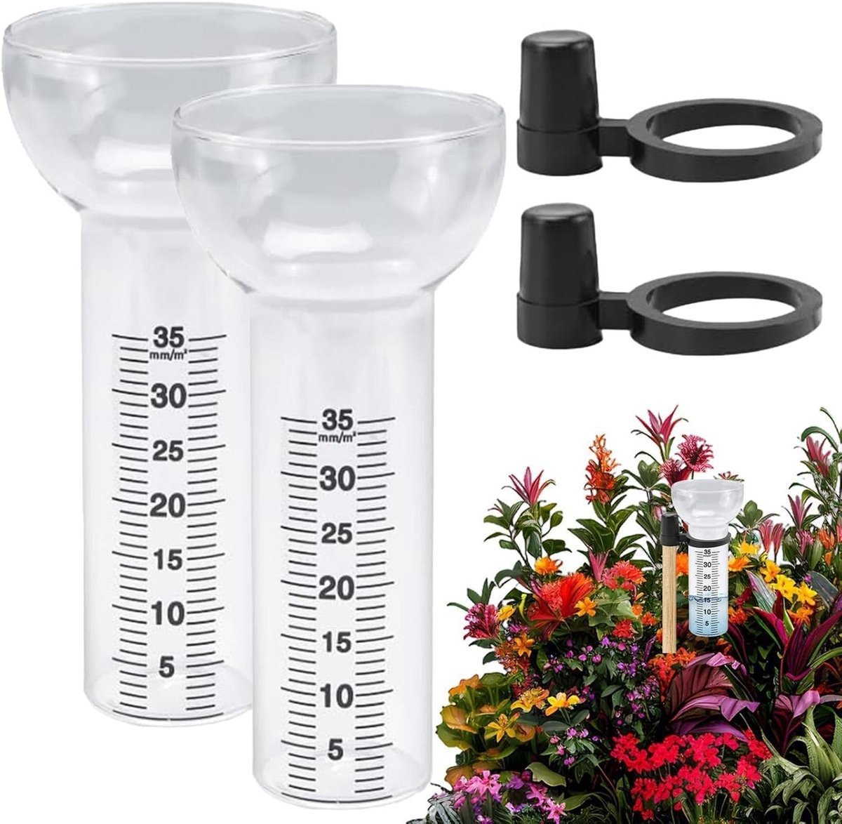 Glazen regenmeter - Vervangingsbuis set - Tuinieren weer meten - Dubbele bekersysteem - 2 stuks - Transparant