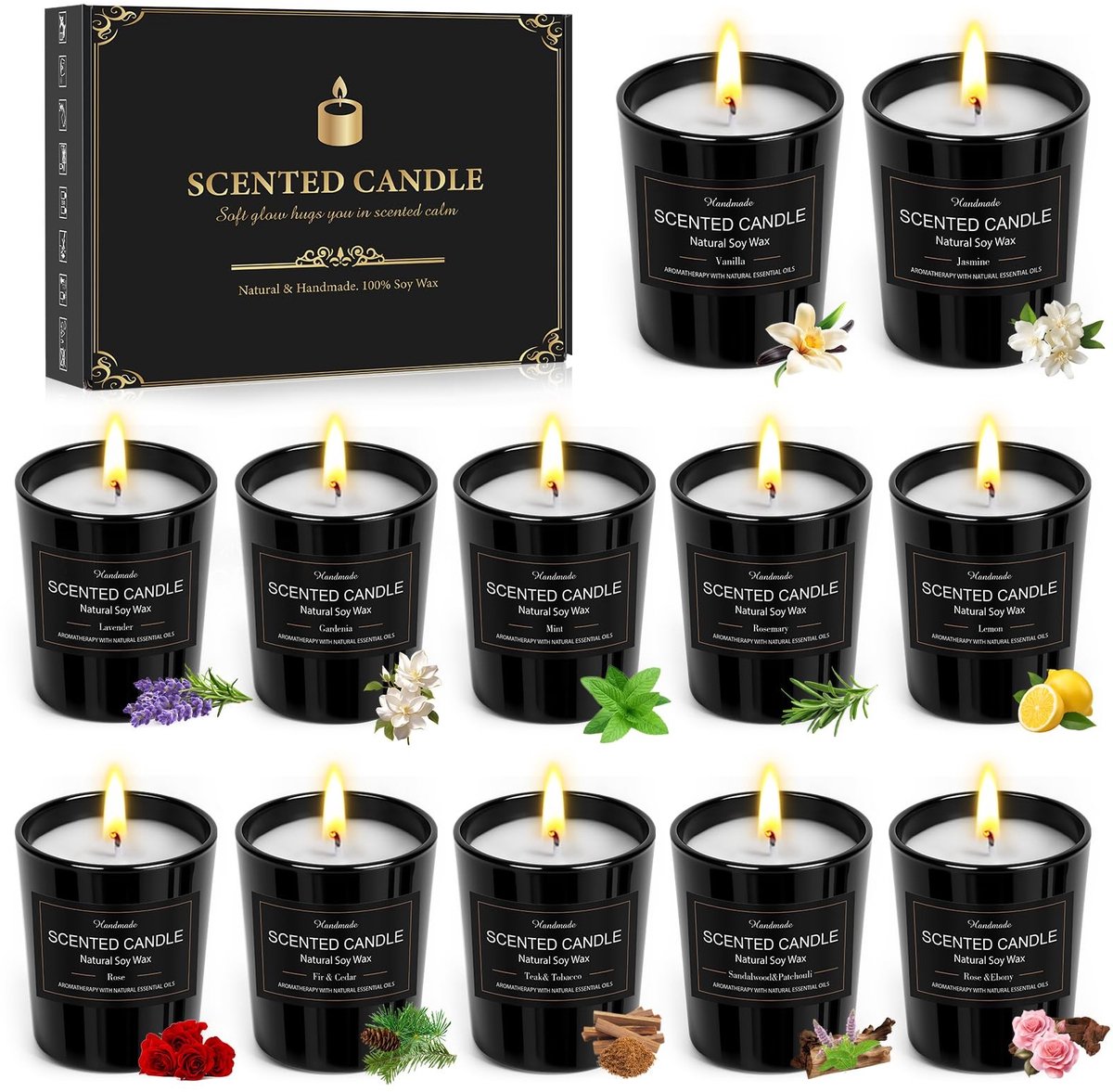Dailygoods- Geurkaarsen Cadeauset 12 Stuks - Geurkaarsen in Glas - Sojawas - 180 Uur Brand