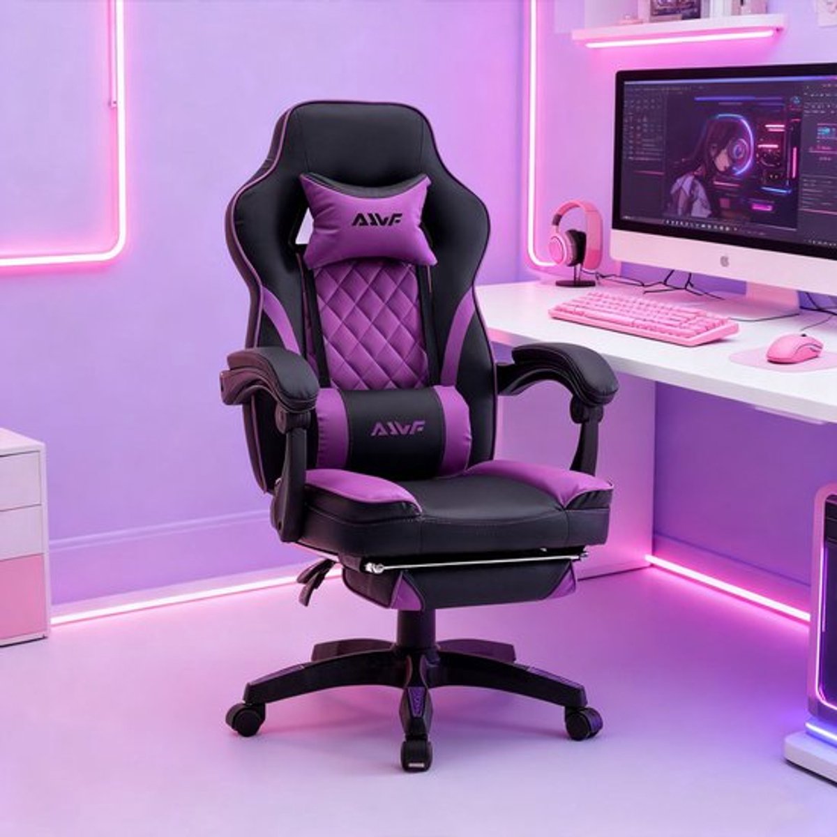 Gamingstoel – Gaming Chair – Bureaustoel – Draaistoel – Racestoel – Ergonomische Rugondersteuning – Verstelbare Hoogte & Kantelfunctie – Roze/Wit