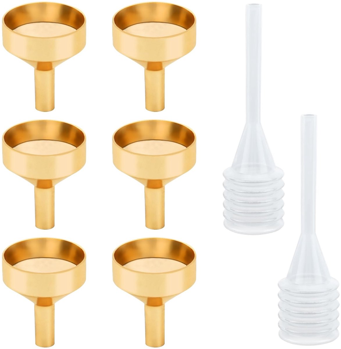Dailygoods- Mini Trechter - Set van 6 - Gouden/Roestvrij Stalen Trechters - Inclusief 2 Plastic Druppelaars - Voor Vloeistoffen/Poeiers - Compacte Afmetingen 18 x 4.7 x 25.4 mm - Keuken Trechter