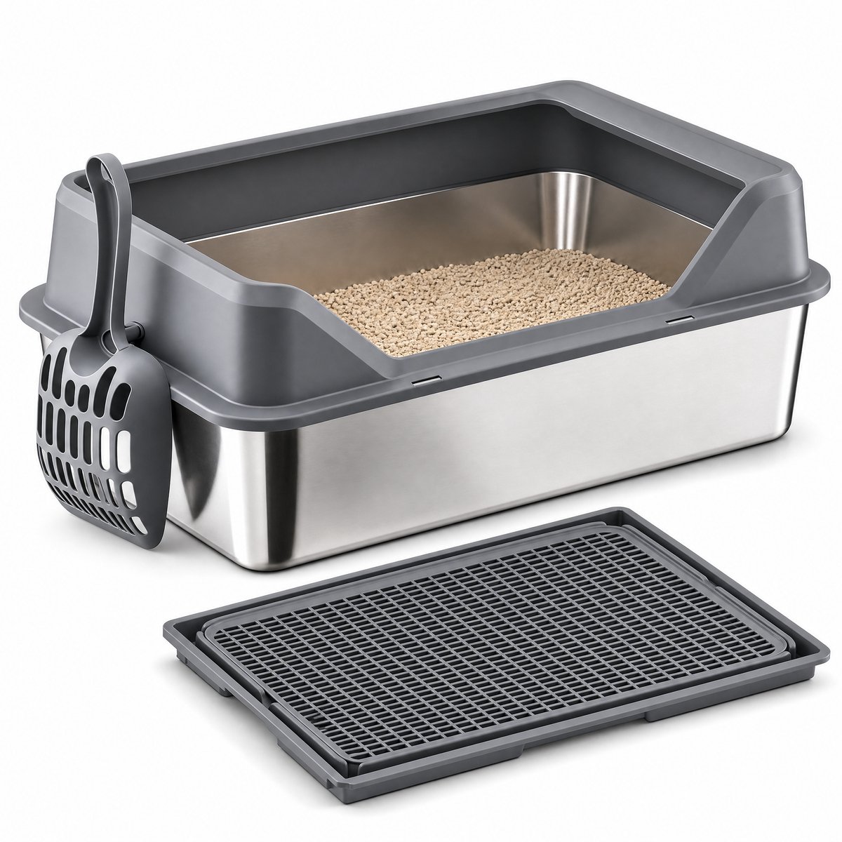 Kattenbak RVS Groot 50×35×20 cm Roestvrijstalen Kattentoilet 17,5L – Geurvrij Krasbestendig Anti-Aanbak – Anti-Spat Rand & Lage Instap – Inclusief Dubbellaagse Uitloopmat Kattenbakmat & Schep – Voor Grote Katten Kittens & Senioren – Grijs